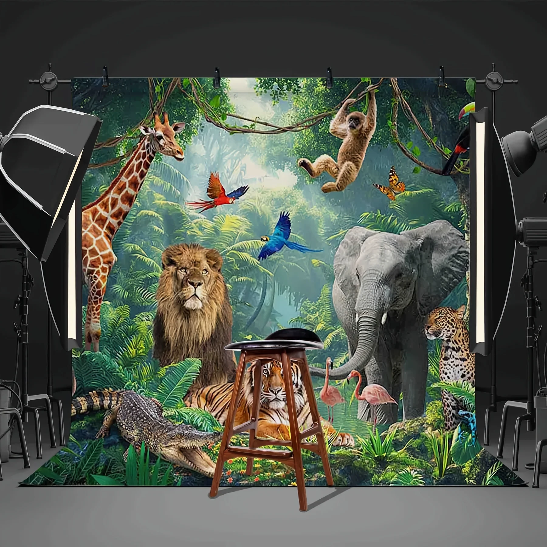 خلفية مغامرة الغابة: تتميز بالنمور والأسود والفيلة والزرافات والحمراء - مثالية للتصوير الفوتوغرافي والحفلات #6