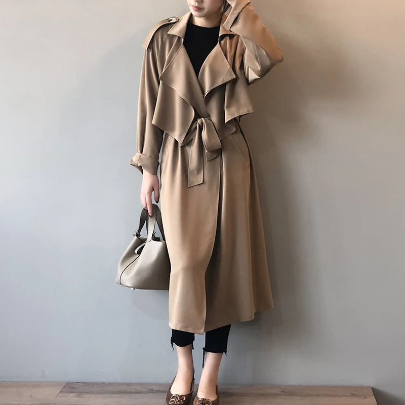 Streetwear Loose Trench Coat Midi Length Fashion Korean Elegant Khaki Black Women\'s Windbreaker Coat Casual Tops