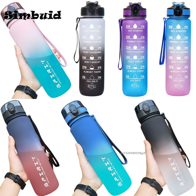 1000ML Motivational Sports Water Bottle Gradient Color Bottle with Time Marker Leak-proof Cup for Office Gym Outdoor