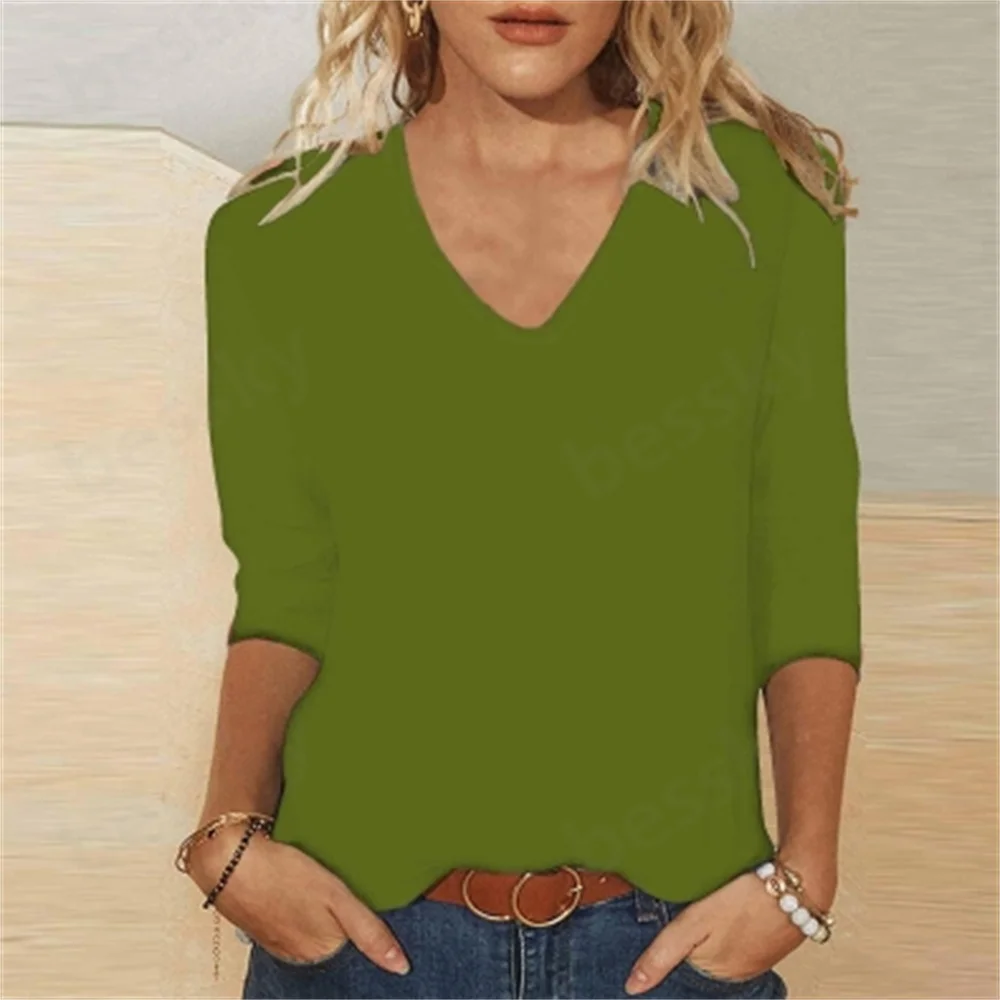 

Women's summer solid color V-neck seven quarter sleeved loose casual top