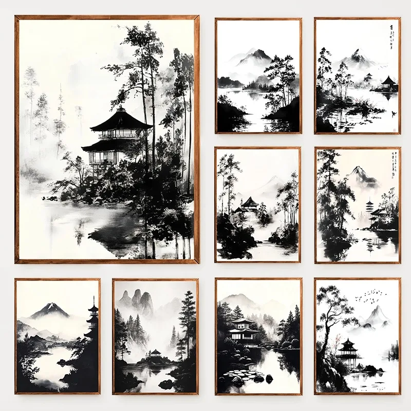 Minimalist Japanese Sumi-e Fuji Mountain Lake Pagoda Poster Ink Landscape Tranquil Zen Canvas Painting Wall Art Room Home Decor