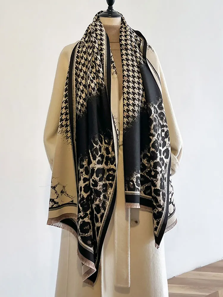 Spliced Leopard Print Commuting Fashionable and Elegant Beautiful Imitation Cashmere Warm Scarf Shawl Cloak for Women