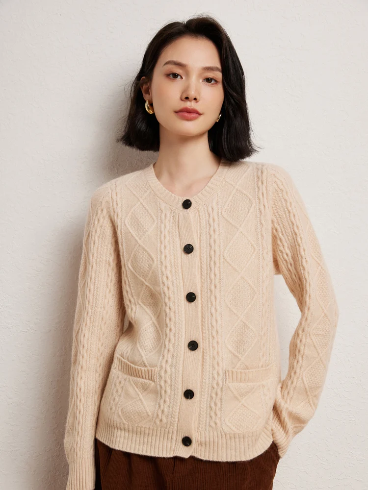 

Women's 100% Goat Cashmere Knitted Sweater Autumn Winter O-Neck Vintage Thickened Diamond Jacquard Sweater Jacket Comfortable
