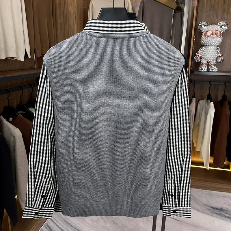 Luxury Men's Autumn Long Sleeves Knitting Fake Two-Piece Trend Brand Keep Warm Sweater Leisure Fashion Underwear Men's Clothing