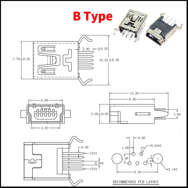 45/90 stücke 9 Typ Mini USB SMT dip 5 Pin Typ B Männlich Weiblich Stecker Port Jack Schwanz Buchse stecker Terminal Kits für Diy Reparatur – Detail 5