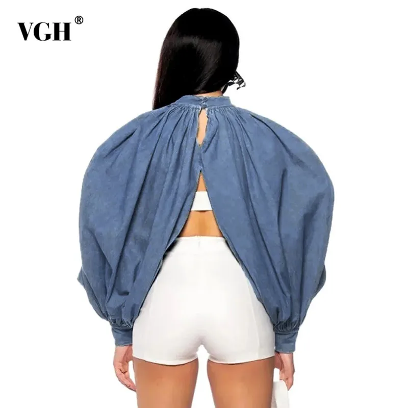 

VGH Solid Patchwork Folds Backless Blouse Stand Collar Batwing Sleeve Spliced Button Minimalist Loose Shirts Female Fashion New