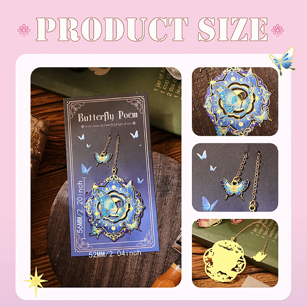 Bronzing Butterfly Metal Book Colorful Clip Bookmark With Chain Heart Sun Floral Bookmark Reading Student School Office Supplies view 4