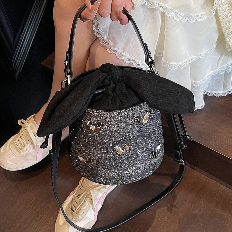 

Summer Butterfly Cowboy Bucket Bag For Women Korean Drawstring Casual Handbags Trendy Versatile Commuter Mini Crossbody Bags