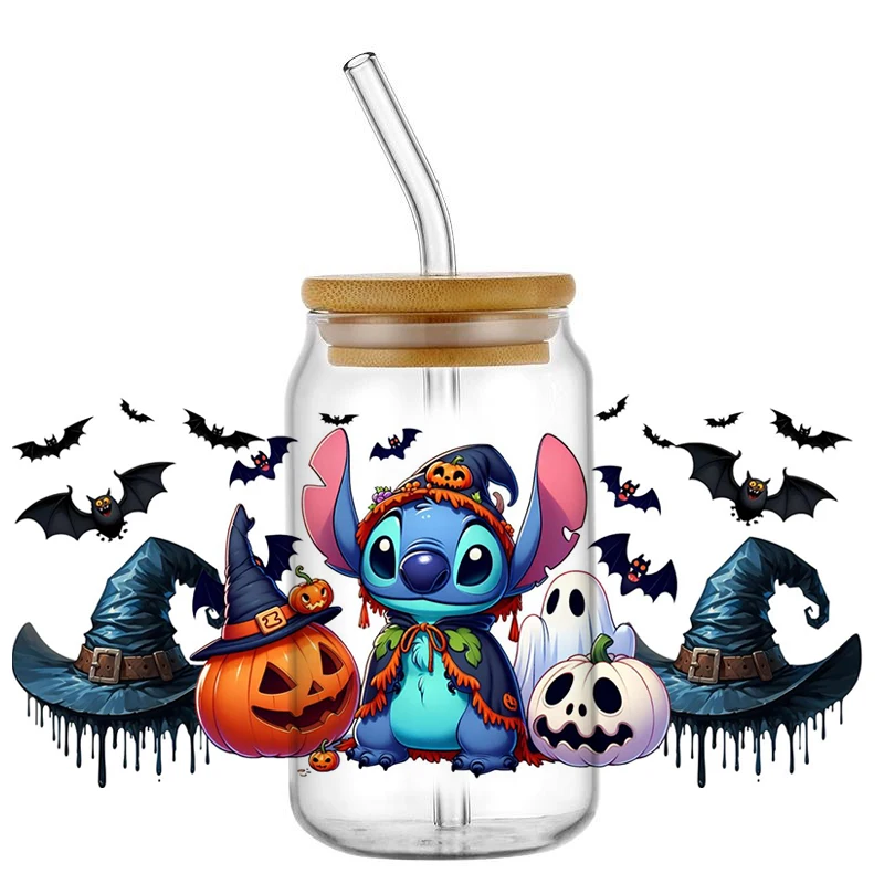 Miniso New 24 Mixed Halloween Stitch Design Popular Cartoon UV DTF Cup Mug Wraps Sticker DIY 3D Deca For 16oz Libbey Glass