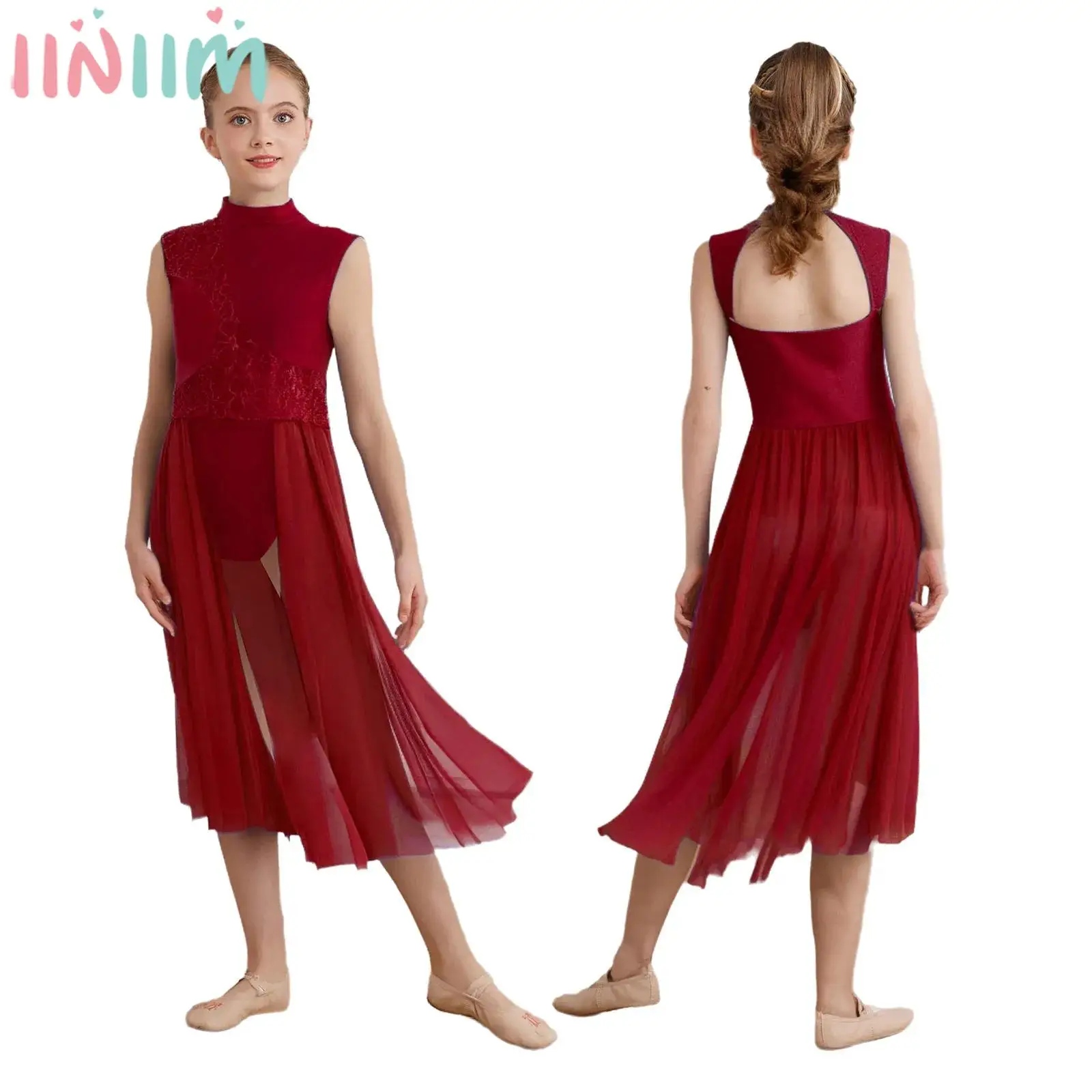 Children Girls Modern Lyrical Dance Figure Skating Gymnastics Leotard Dress Sleeveless Mock Neck Floral Lace Sheer Mesh Dresses