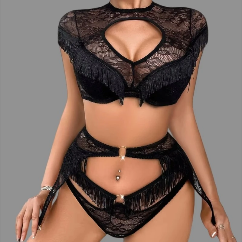 

Sexy Fringe Trim Lace Exotic Lingerie Sets for Women Black Lace Embroidery Bra and Pany Exotic Underwear Set with Garter Belts