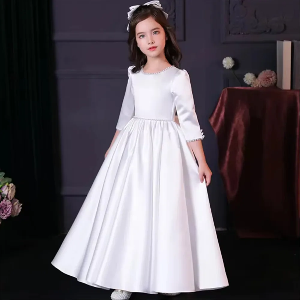 

Elegant Satin White Flower Girl Dress for Wedding Pearls Bow Princess Birthday Concert Bridesmaid Dress First Communion Gown