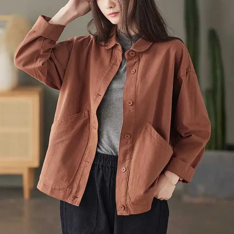 Autumn and Winter Women\'s Solid Color POLO Collar Button Pocket Loose Fit Long Sleeve Short Coat Fashion Casual Commuter Tops