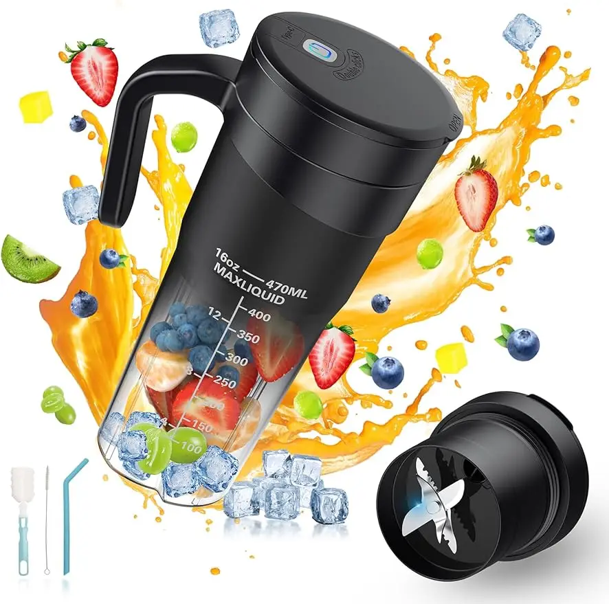 

Portable Blender for Shakes and Smoothies, 16 Oz Rechargeable USB-C Personal Size Blender with 6 Ultra Sharp Blades