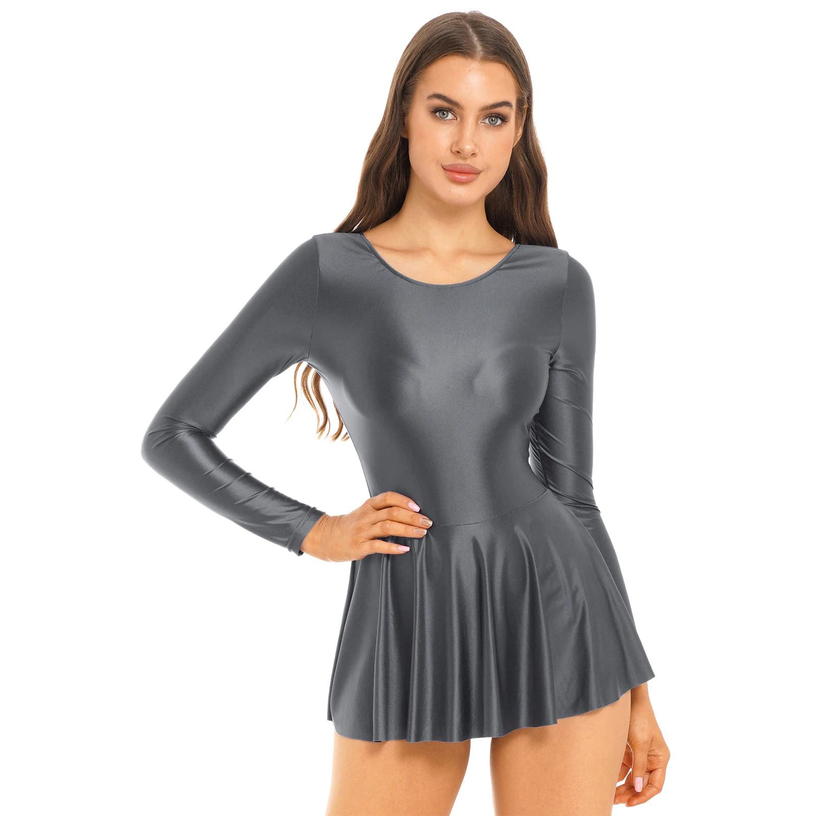 Womens Glossy Swimwear One Piece Swimsuit Long Sleeve Ruffled Dress Solid Color Round Neck Sports Ballet Dance Leotard Dresses