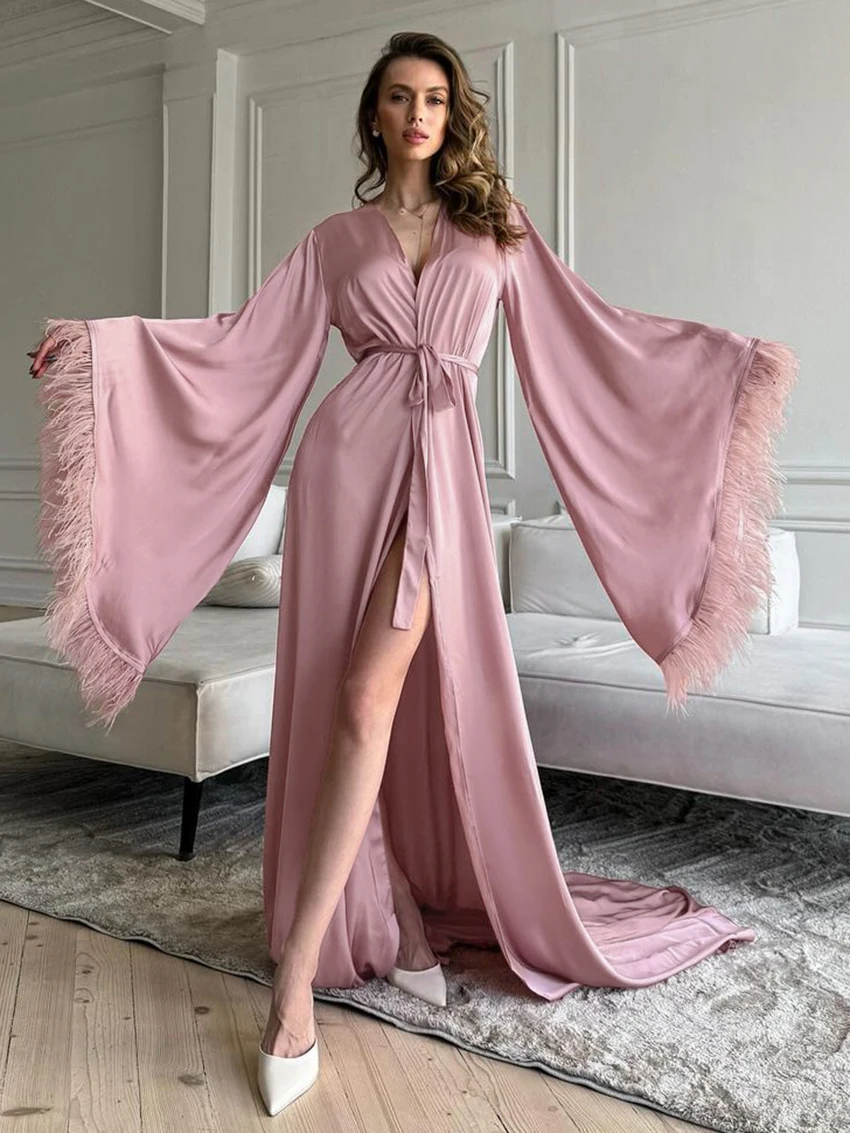 

Marthaqiqi Fashion Women Robe Sexy V-Neck Sleepwear Long Sleeve Nightgowns Lace Up Nightwear Floor-Length Dress Ladies Bathrobe