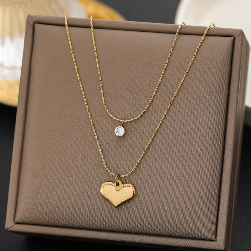 316L Stainless Steel New Fashion Fine Jewelry 2-Layer Love Heart Shape Zircon Charms Chain Choker Necklaces & Pendant For Women