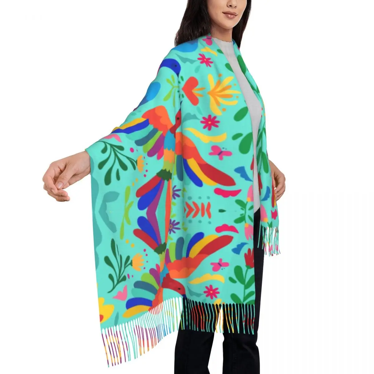 Best Art Mexican Embroidery Floral Carnaval Seamless Tassel Scarf Winter Fall Warm Shawl Wrap Lady Traditional Mexico Scarves