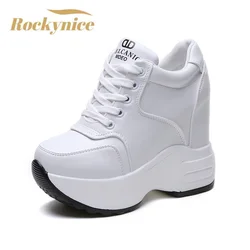 Vrouwen Enkellaarsjes 2024 Lente Lederen Chunky Schoenen Vrouw Platform Hoogte Verhoogde Sneakers 10 Cm Dikke Zool Wiggen Witte Laarzen