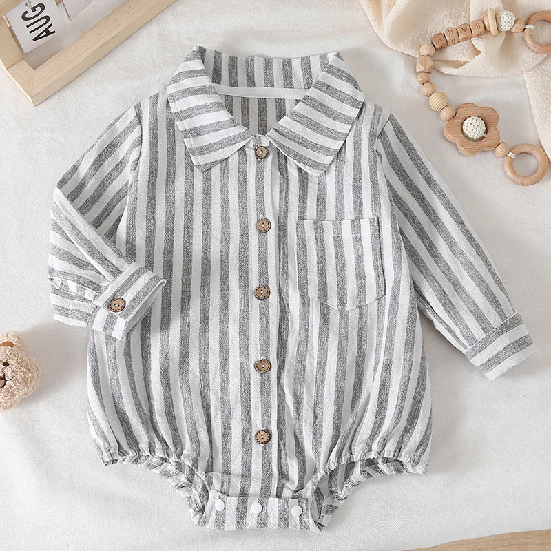 2025 New Autumn 0-24M Children Clothes Korean Style Climbing Suit Long Sleeved Cotton Stripe Infant Baby Girls Boys Jumpsuit
