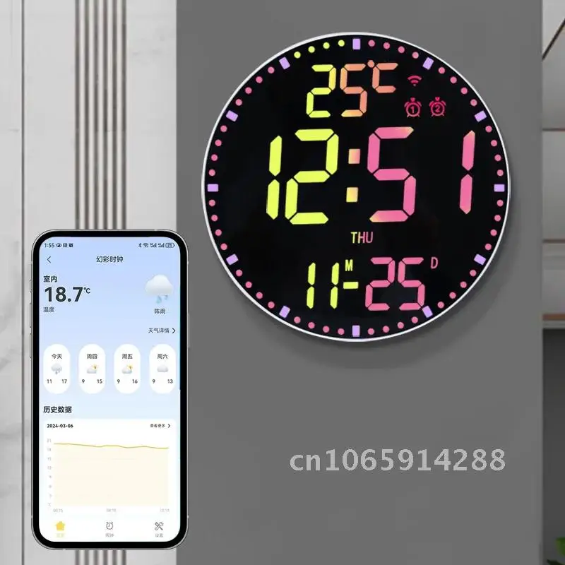 WiFi Colorful Led Wall Calendar Clock Date Temperature Control Remote Dual Home Alarms Digital Display Clock Decoration and