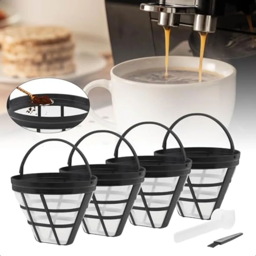 Filtry do kawy wielokrotnego użytku, 4 sztuki, stożkowe filtry do ekspresów do kawy, 4 wymienne filtry do kawy, na 8-12 filiżanek, z łyżką i szczoteczką, kompatybilne z...