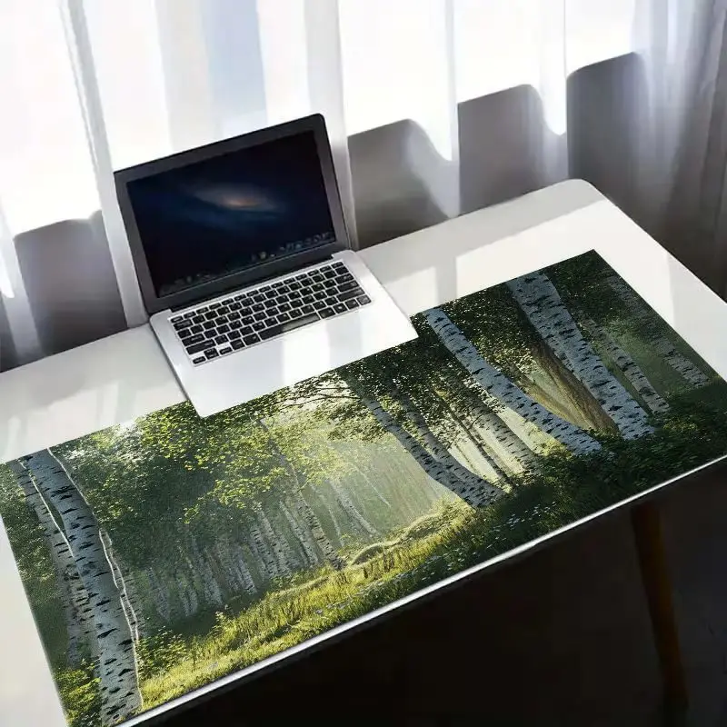 Brand Green Desk Mat Birch Forest Iron Art Mouse Pad Protector Modern iMac Computer Bright Natural Style Work Ambiance
