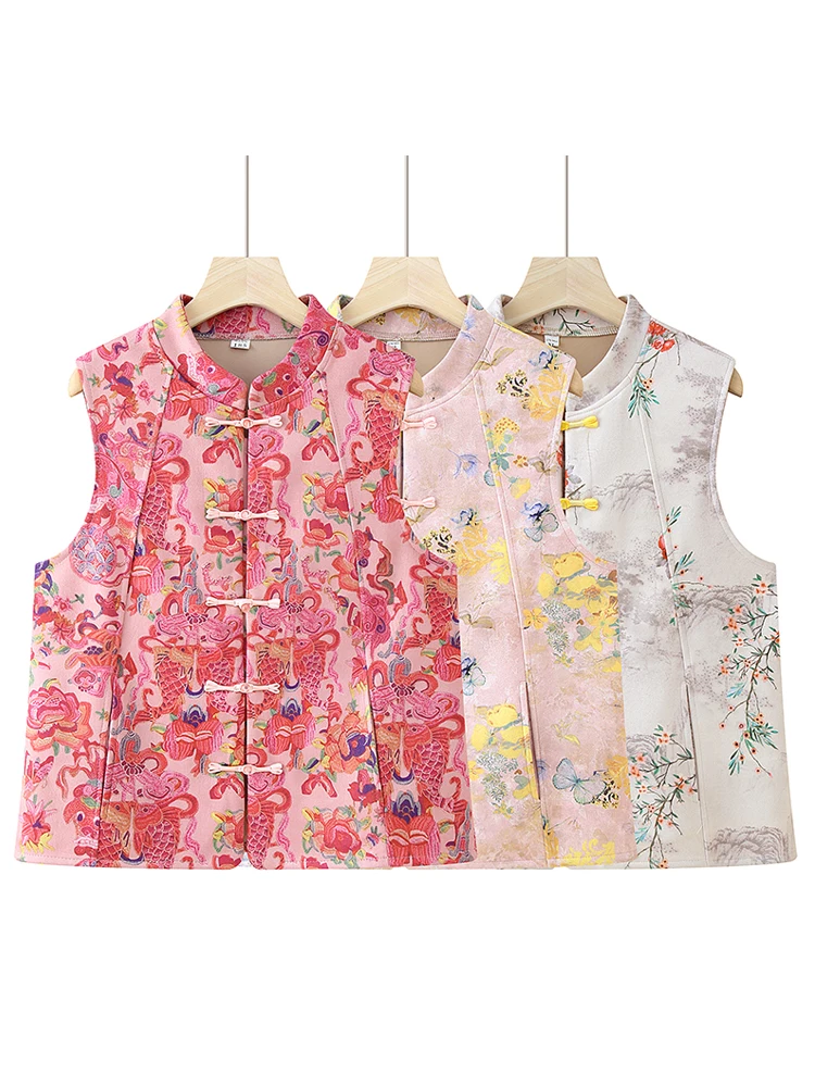 シックな中国風の女性用ベスト、秋のアウターウェア、中年および年配の母親向け、ファッショナブルなプリント入りルーズフィットカーディガン