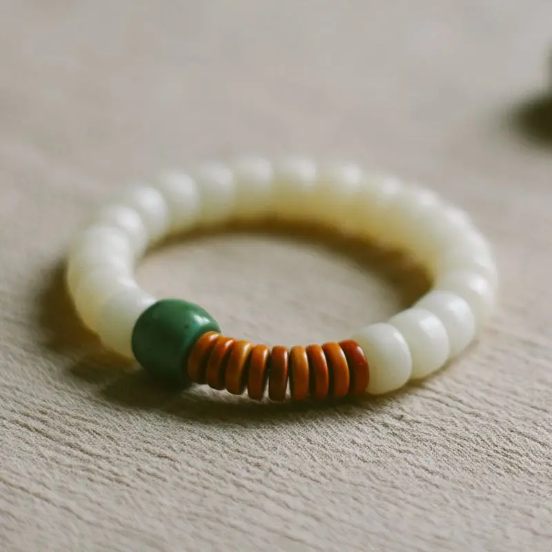 Natural White Jade Bodhi Root Blue Turquoise Unisex Playable Prayer Beads Bracelet
