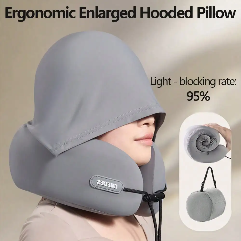 1Pc Car Interior U-Shaped Neck Pillow With Hood, Portable Travel Memory Foam Neck Support Pillow For Airplane, Foldable And Stor