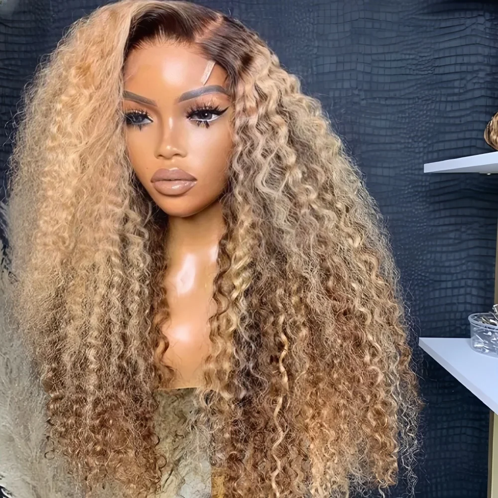 Soft Ombre Blond 26“Long Kinky Curly 180Density Lace Front Wig For Black Women Babyhair Synthetic Heat Resistant Glueless Daily