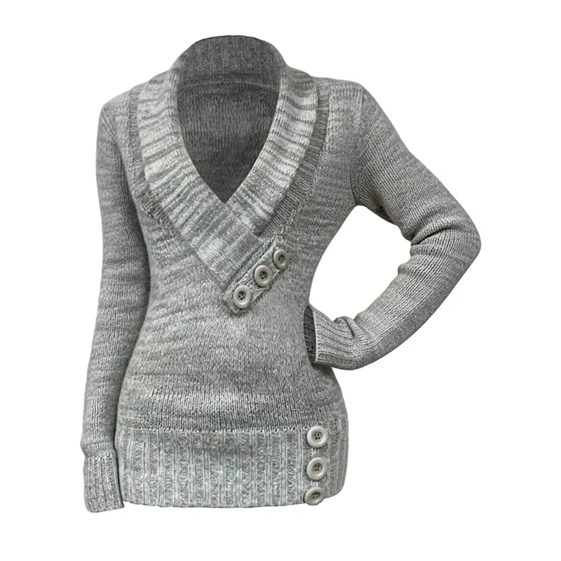 Dressfo Women's Top Heather Sweater Mock Button V Neck Pullover Long Sleeve Sweater