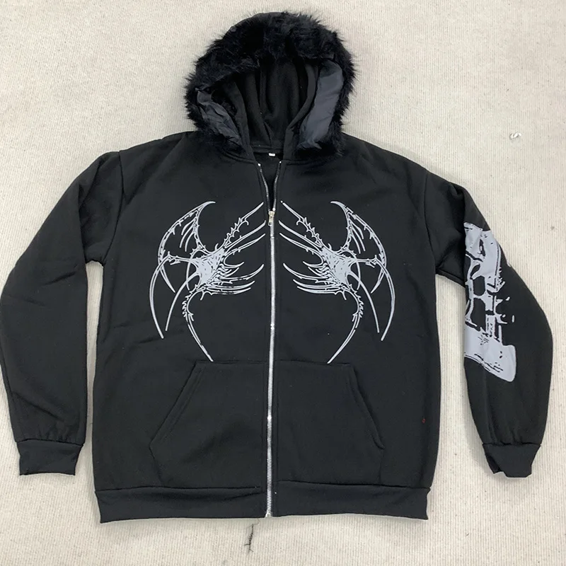 المرأة Y2k الشارع خمر الفراء طوق قبعة مقنعين الشتاء قمة الموضة الشارع كول الجمجمة المطبوعة سستة البلوز معطف دافئ سترة #1