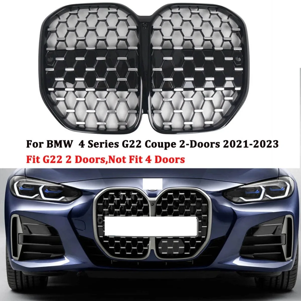 1 Pcs Gloss Black Meteor Style Car Front Bumper Kidney Grilles Semi Electroplating For BMW 4 Series G22 Coupe 2-Doors 2021~2023