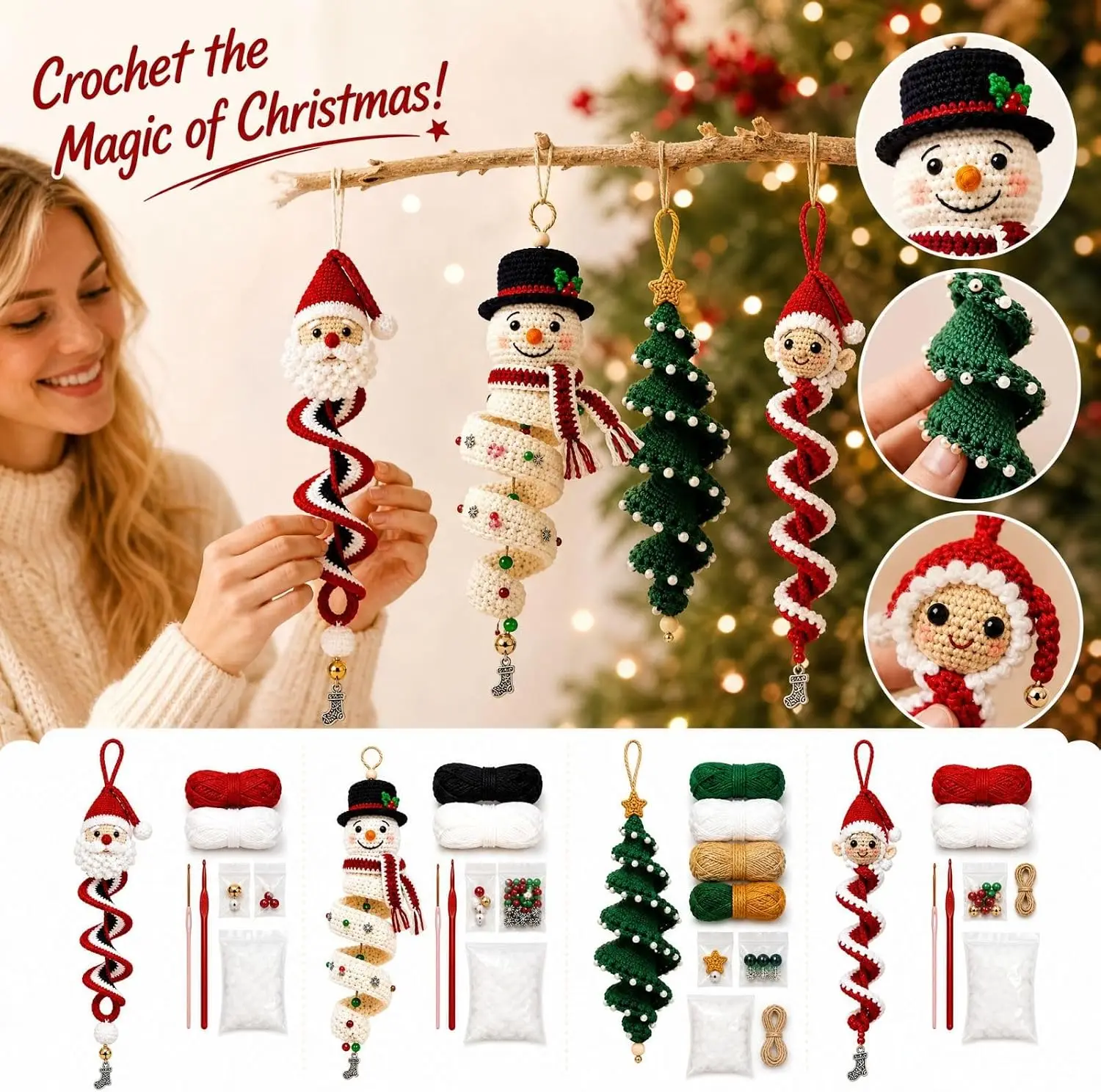 Crochet Christmas Tree Spiral Ornament DIY Kit Christmas Tree Crochet Craft Kit for Window Porch Wall Cabinet Display