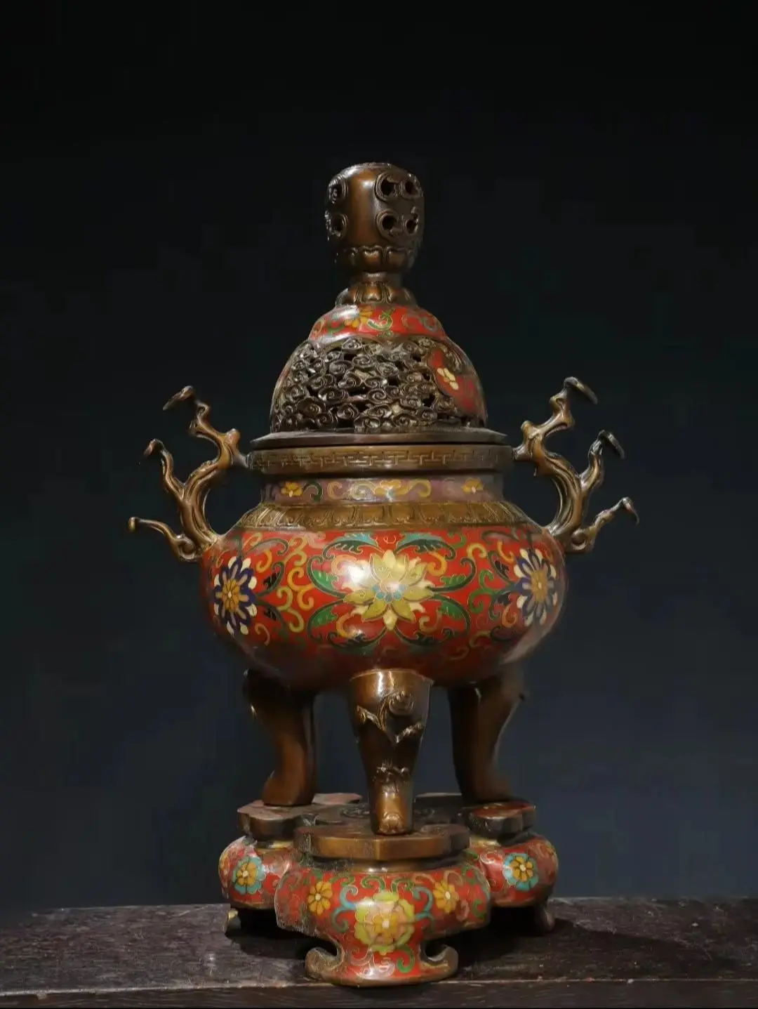 

16"Tibetan Temple Collection Old Bronze Cloisonn Enamel Dragon Hollow Out Ganoderma Ear incense burner Amass wealth Ornaments
