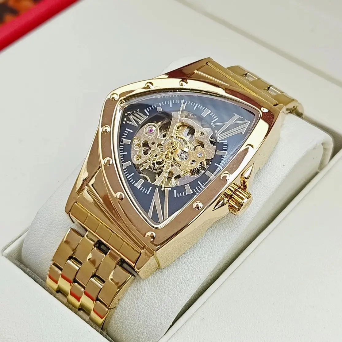 Top Luxury Triangular High-End Stylish Business Men's Watch, Fully Automatic Mechanical Watch, Skeleton Design, Waterproof, Steel Band, Unique and Cool Street Fashion Men's Wristwatch
