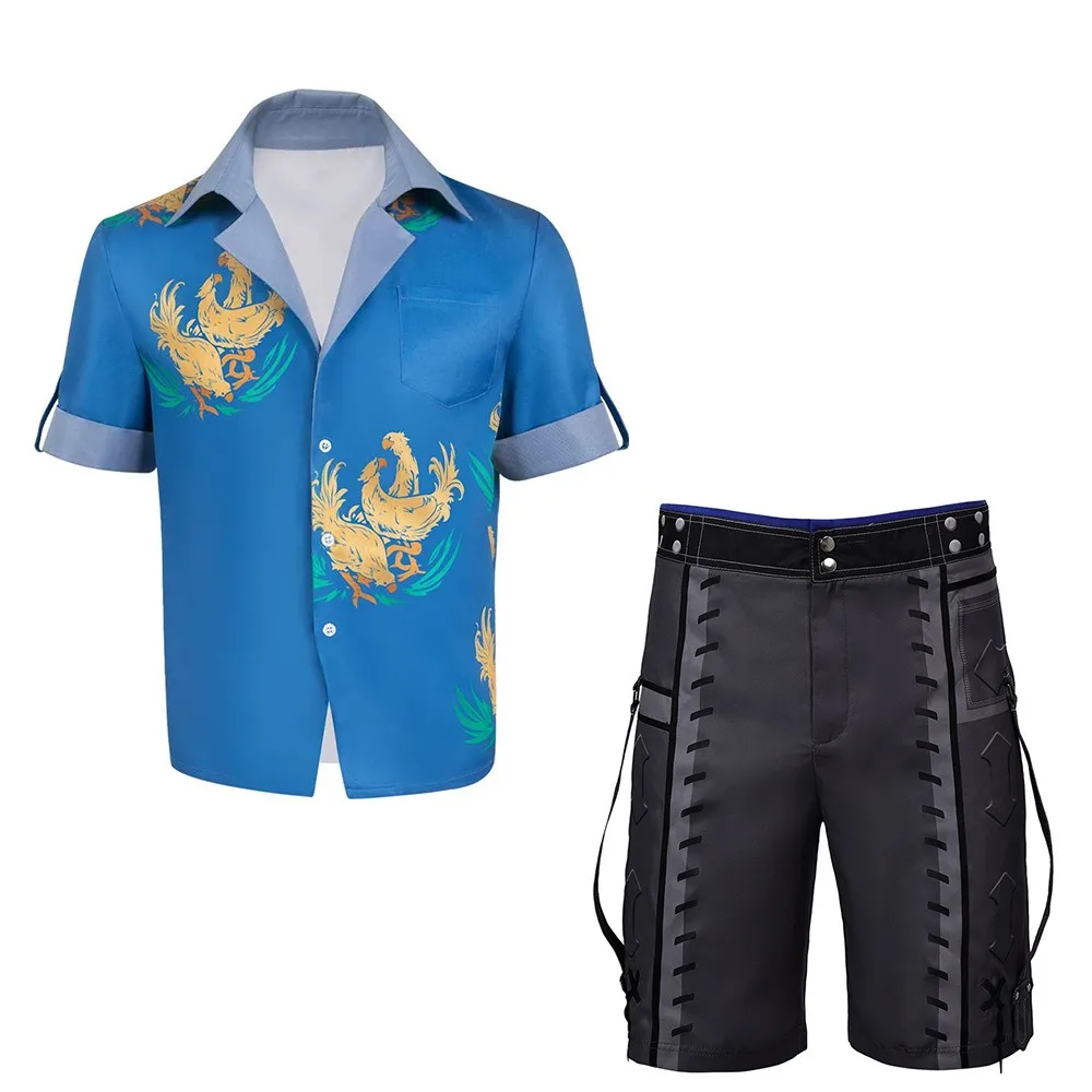 Game FF7 Cloude Cosplay Costume Blue Cartoon Print Shirt Summer Fashion Short Sleeve Tops Straift Role Play Shir Halloween Party