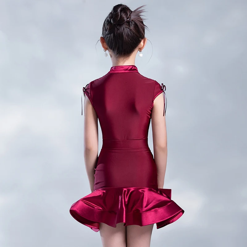 สาวเต้นรําละตินเครื่องแต่งกายเด็ก Samba การฝึกอบรมเสื้อผ้าเสื้อผ้าเต้นรําละตินไวน์แดง Fishbone กระโปรงชุด XH2753