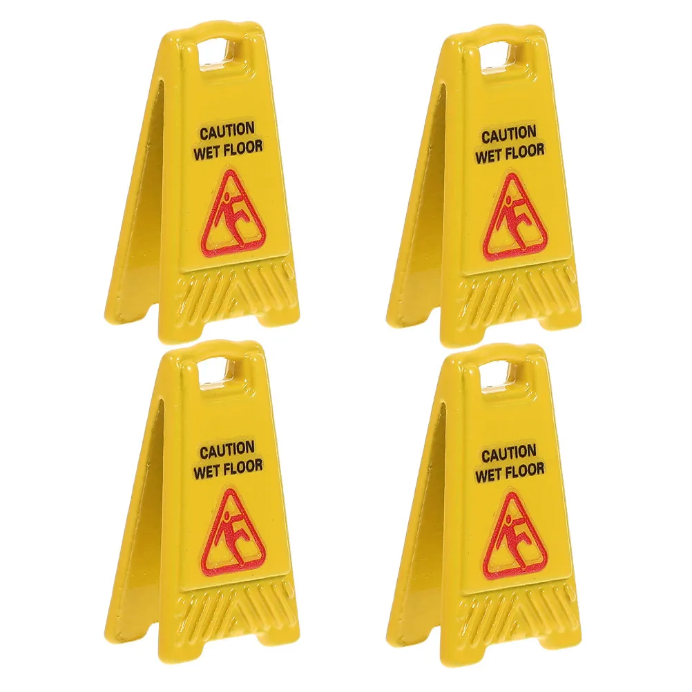 4Pcs Miniature Floor Caution Sign Set Yellow Plastic Slippery Wet Warning Signs for Dollhouse Mini Scenes Diorama Fairy Garden
