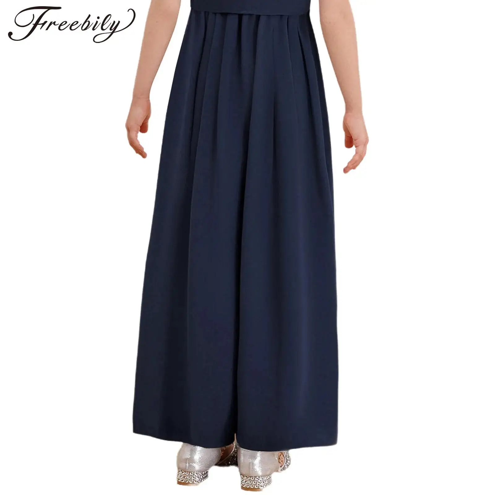 

Elegant Girls Costume Ballroom Ballet Dance Pants Elastic Waist Wide Pants Teens Prom Shown Dancing Party Solid Color Trousers