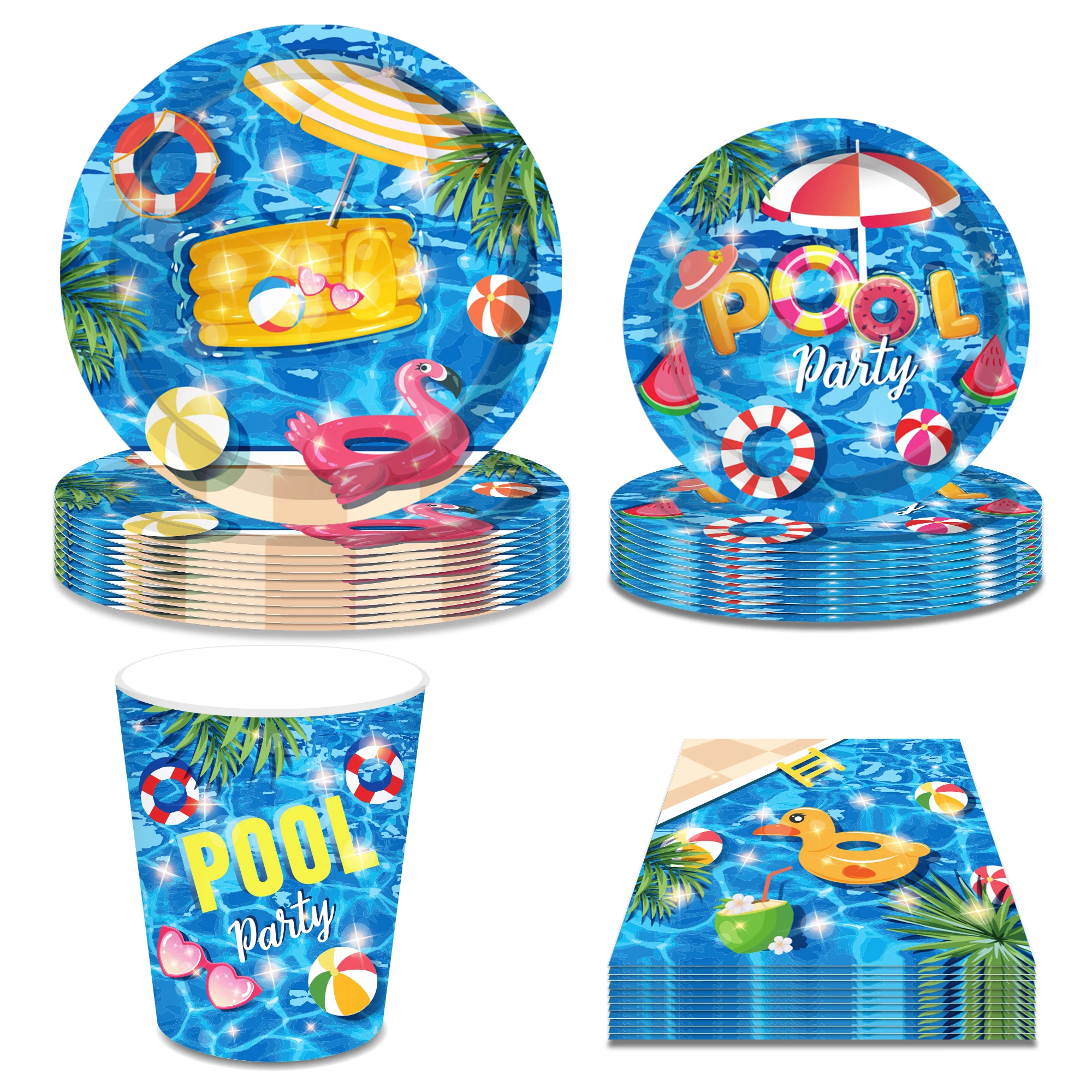 

Summer Pool Birthdy Party Supplies Disposable Tableware Paper Plate Cup Napkin Hawaiian luau Pool Beach Themed Party Decorations