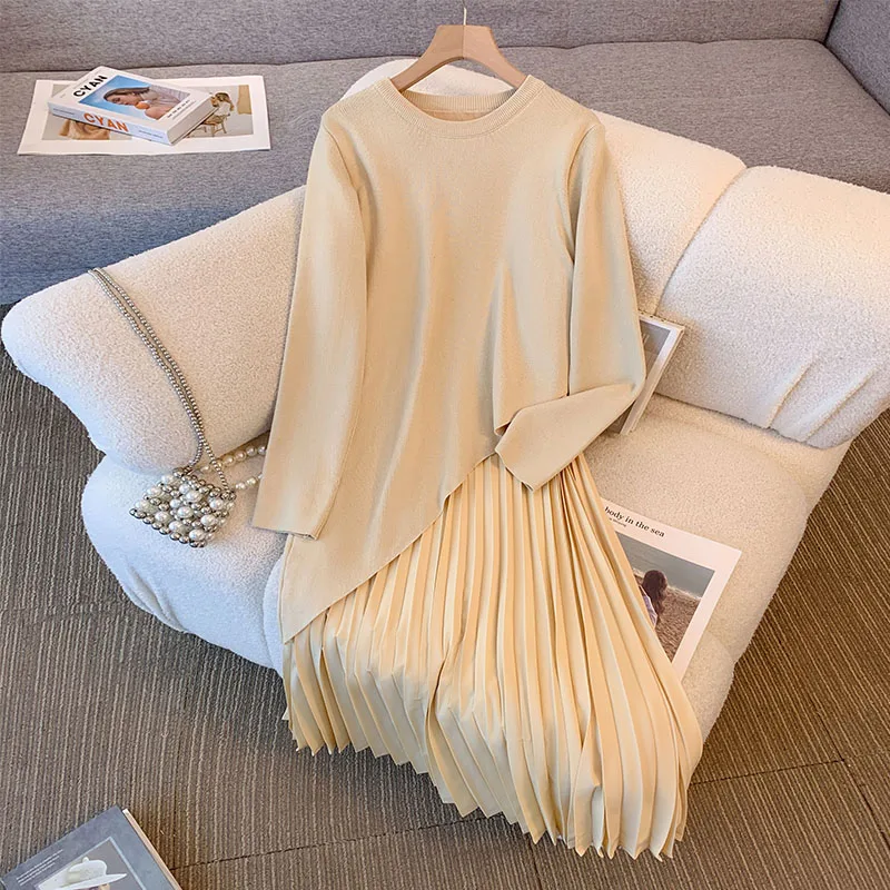 Bomon Autumn/Winter 2024 new fashion patchwork design oblique pleated skirt long fake two casual loose crew-neck knitted dress