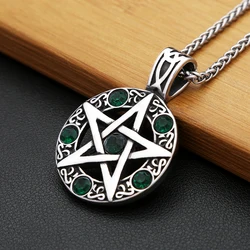 Classic Vintage Stainless Steel Pentagram Pendant Necklace Fashion Punk Green Stone Necklaces For Men Women Biker Party Jewelry