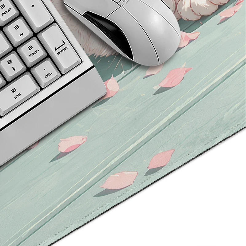 Mouse Pad White Cat under Cherry Blossoms Gamer printon demand New Large Custom Mousepad XXL Office Non-Slip Soft