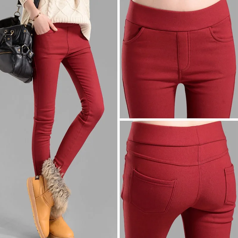 

High Waist Warm Casual Slim Stretch Pants 2023 New Women Winter Fleeve OL Leggings Trousers Velvet Thick Pencil Female Pants