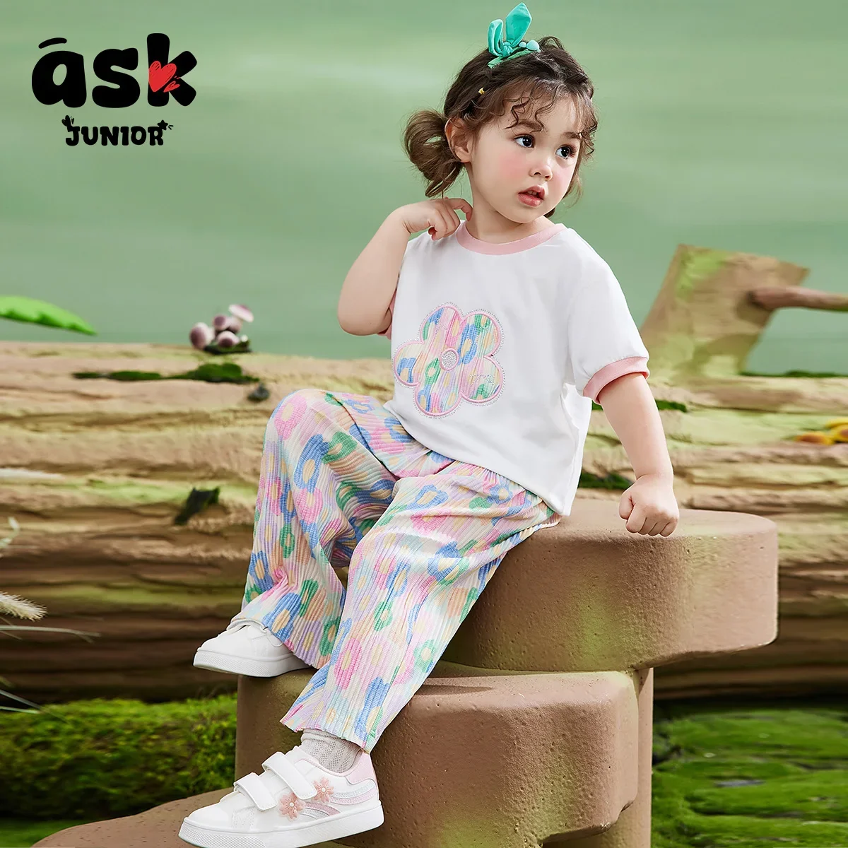بدلة رياضية صيفية للفتيات للأطفال بأكمام قصيرة وطباعة رقمية رفيعة + بنطال واسع الساق مكون من قطعتين #4