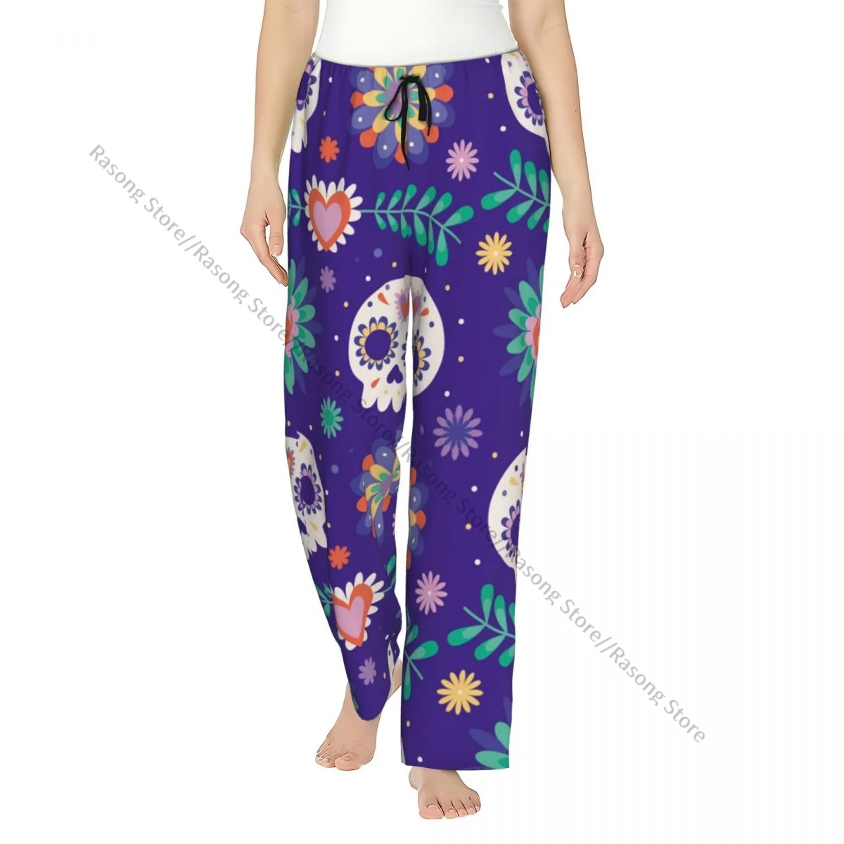 

Warm Women Pajama Pants Dia De Muertos Skull And Flowers Flannel Sleep Bottoms Soft Fleece Loungewear