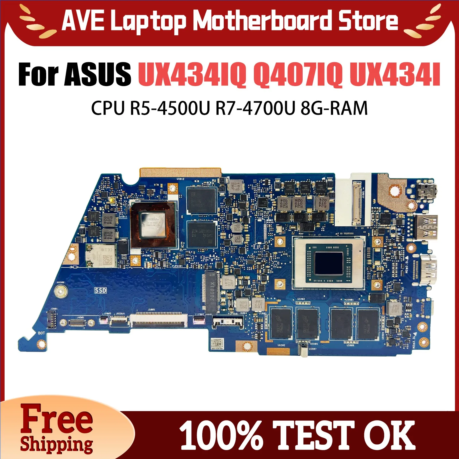 

UX434IQ Mainboard For ASUS Zenbook UX434IQ Q407IQ UX434I UX434 Laptop Motherboard CPU R5-4500U R7-4700U 8G-RAM MX350 V2G