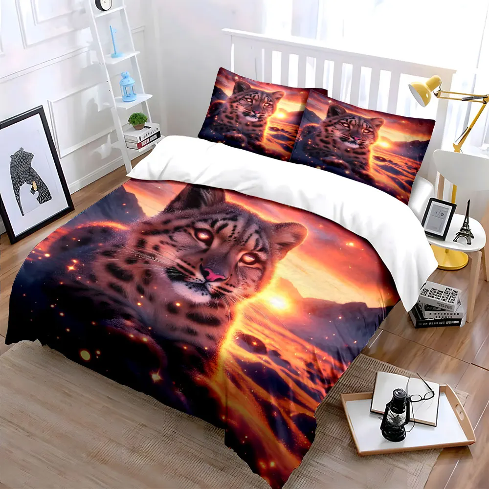 Dreamy Glow of Leopard in Snow Print Bedding Set 1 Duvet Cover 2 Pillowcases for Adult and Children Luxury Gift Full Size